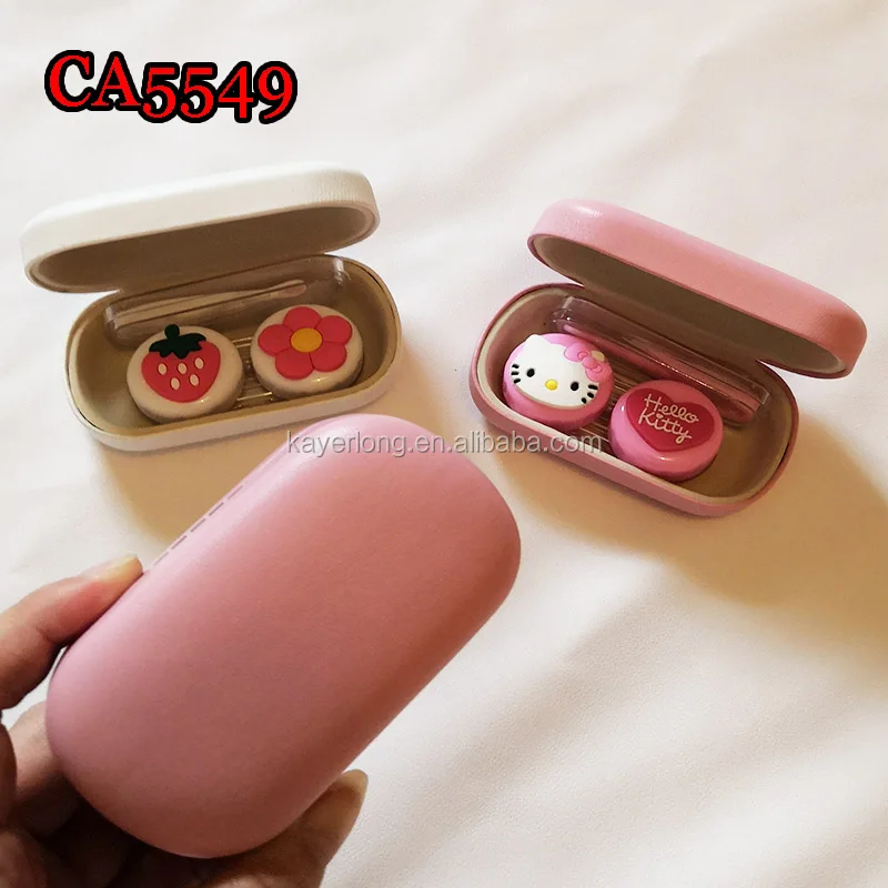 PVC kitty and strawberry deco pu cover iron contact lens case, small travel box CA5549