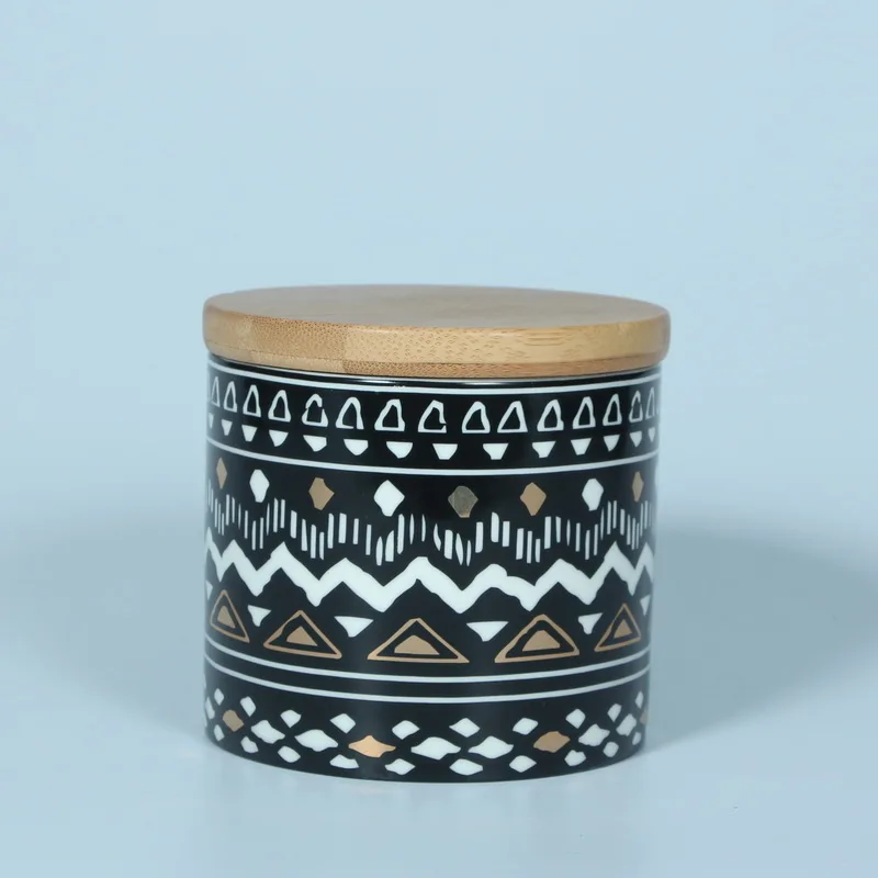 Geometric pattern ceramic candy cookie jar with bamboo lid