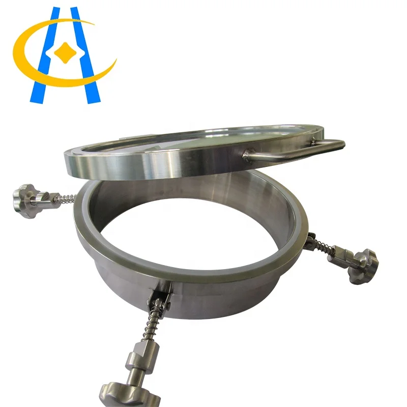 Round outward opening tank pressure manway with sight glass cover