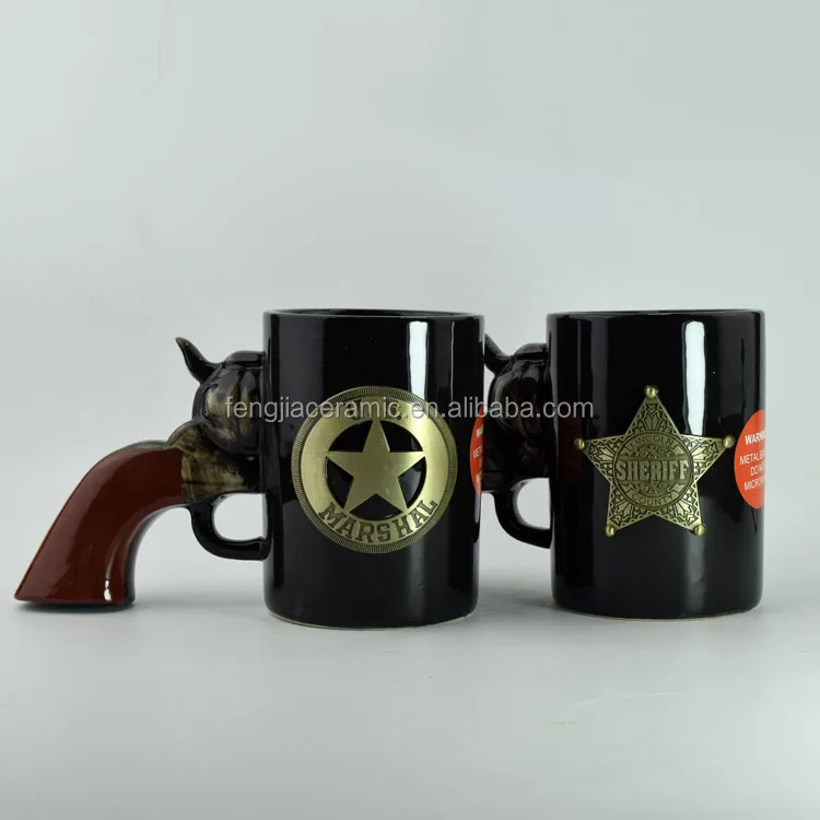 Ceramic mug custom design black mug with gun handle and metal logo