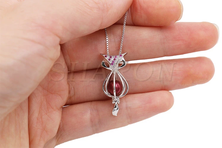 Romantic Charming Women Crystal Fox Pearl Sterling Silver Cage Pendant