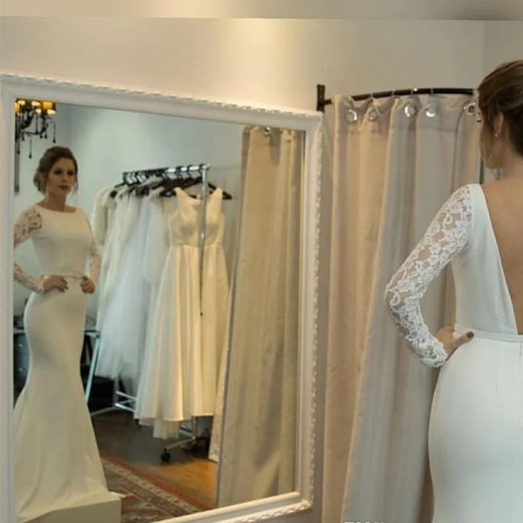 
O-Neck Backless Satin Lace Long Sleeve Beauty Indonesia Wedding Dress Bridal Gown Mermaid 