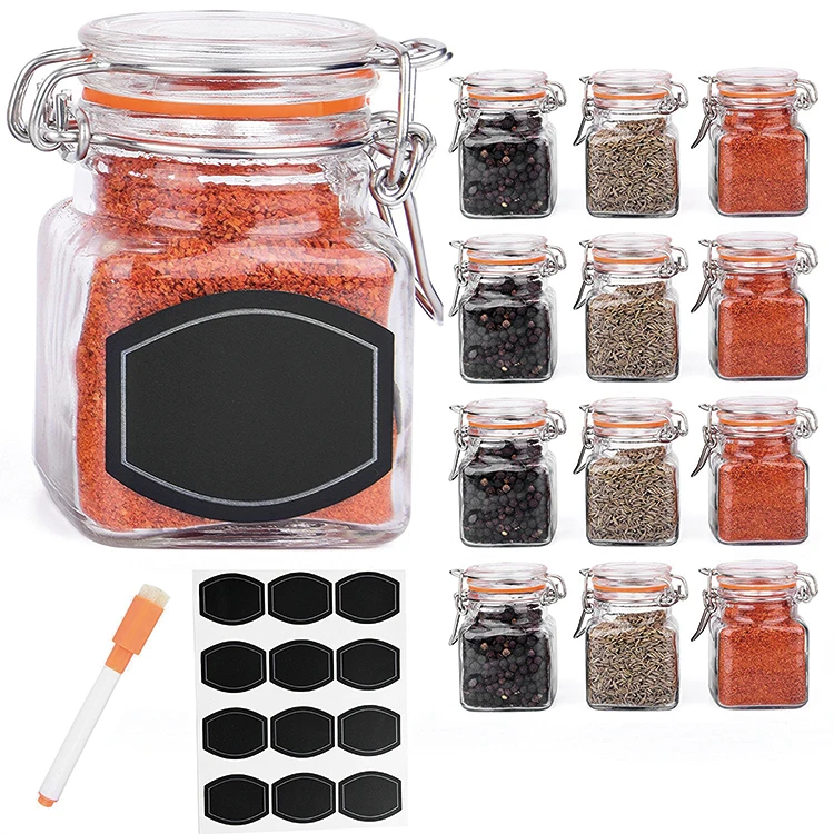 100ml Glass Spice Jars with Spice Labels and Chalkboard Pen Whole Set 12 Square Glass Jars 3.4 Ounce with Airtight Flip Top Cap