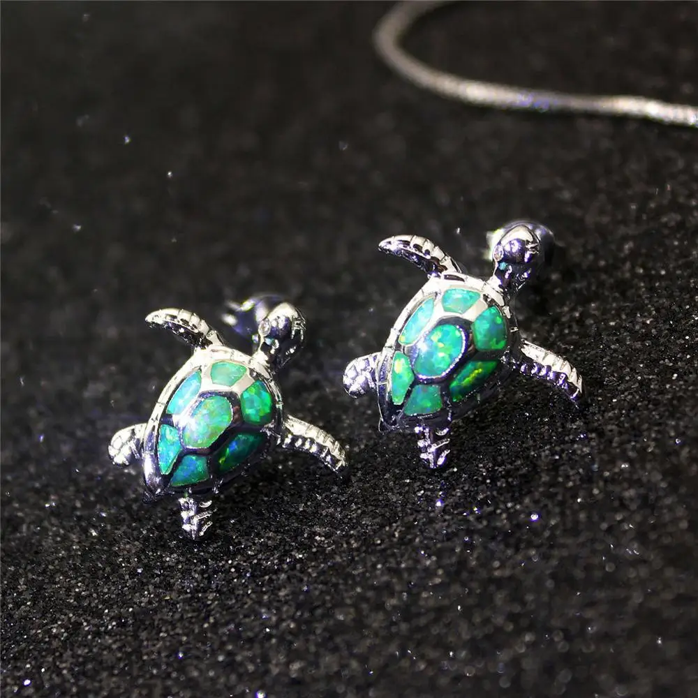 
Australia Blue/Green Fire Opal Sea Turtle Stud Earrings 925 Sterling Silver/Brass Birthstone Jewelry Gift 