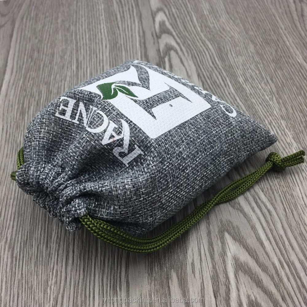 Custom Logo Printed Burlap Hessian Coffee Christmas Gift Drawstring Jute Gunny Pouch Grey Cotton String Jute Bag