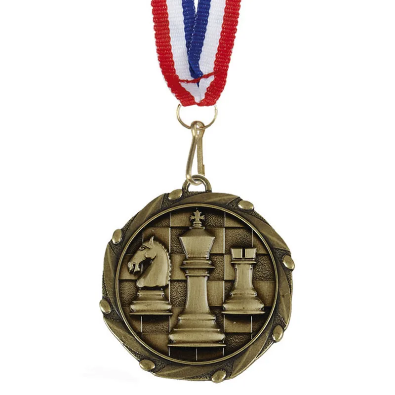 bulk custom gold silver brass zinc alloy metal blank casting chess award medal with ribbon