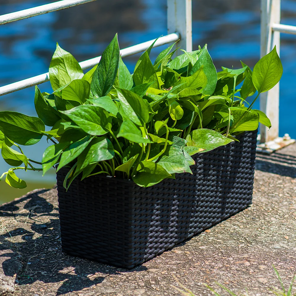 Wholesale self watering fancy white railing balcony plastic rattan plastic herb long flower pot window box rectangular planter