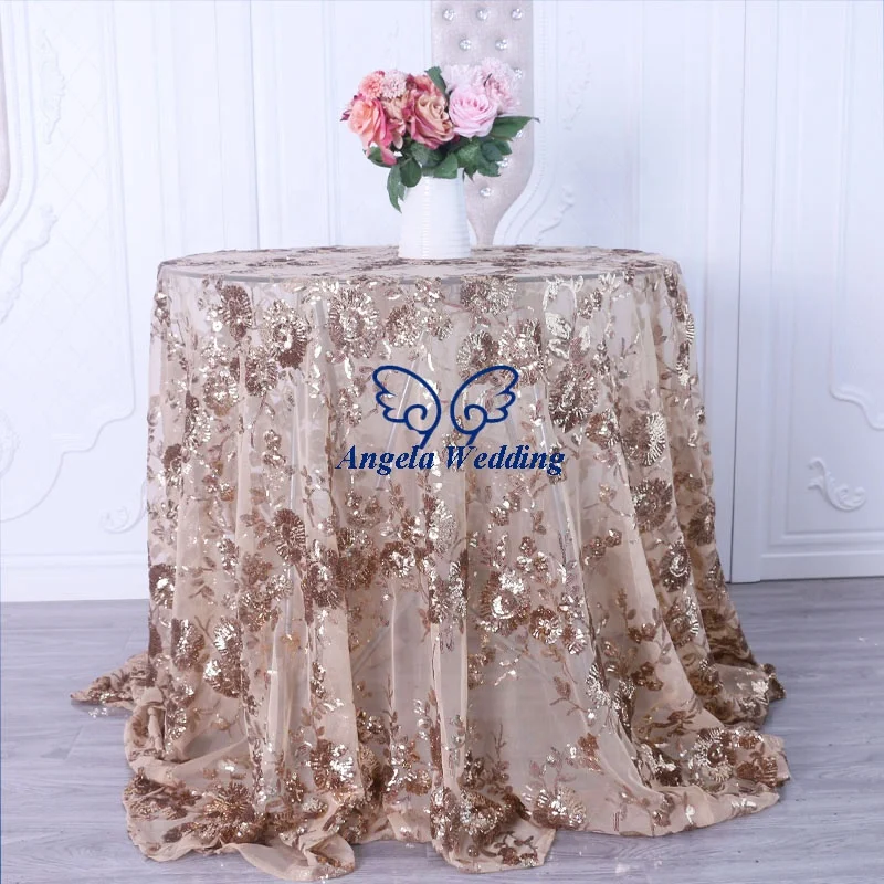 CL090C New design  beautiful 2019 gliter embroidery pattern floral sequin lace silver round or rectangle table cloth