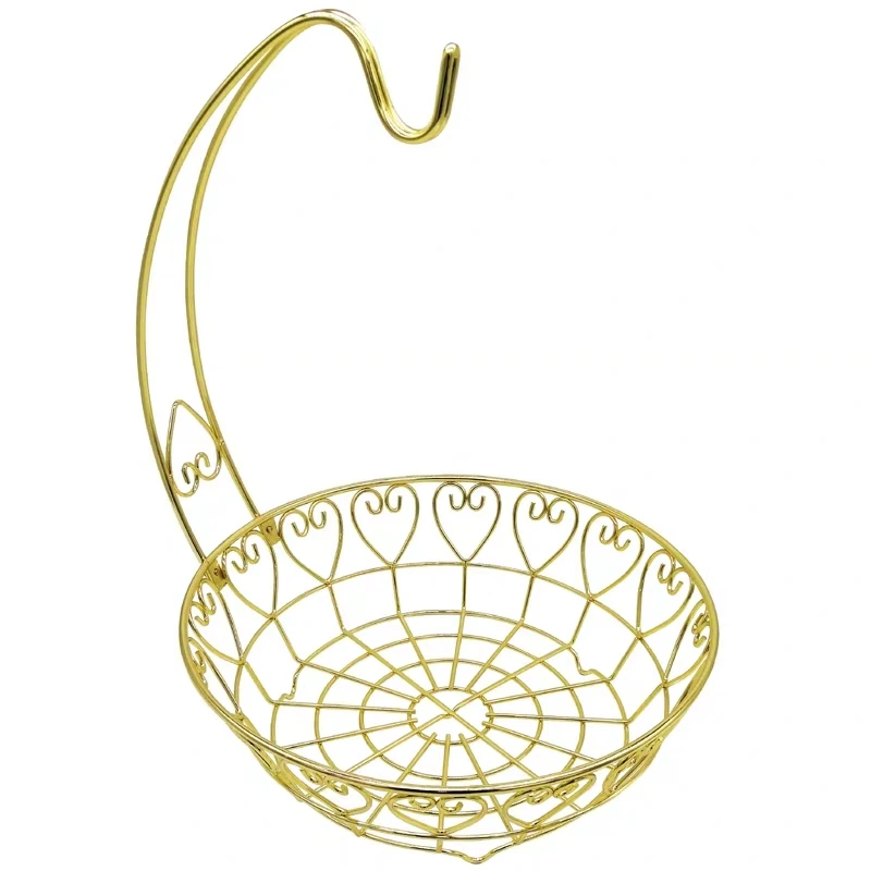 Gold Fruit Basket Bowl with Banana Tree Hanger Fruit Basket Drainer Rack Storage Fruit Basket