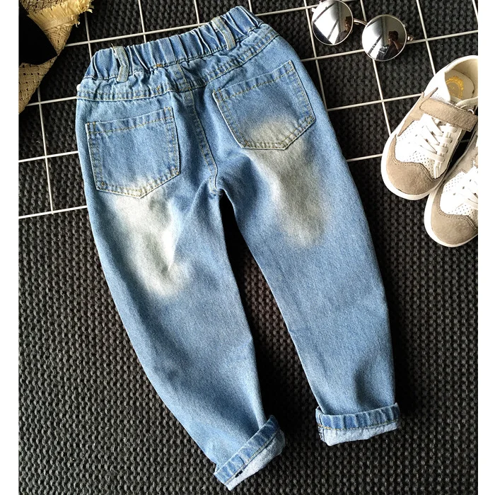 
YY10157G Girls kids ripped long pants jeans washed light blue jeans 