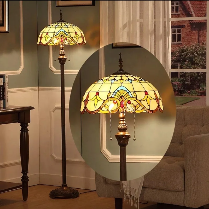 Tiffany Kaca 16 Inch Shade Art Deco Elegant Luxury Baroque Handmade Stained Glass Tifany Floor Lamp Tiffany Standing Lamp