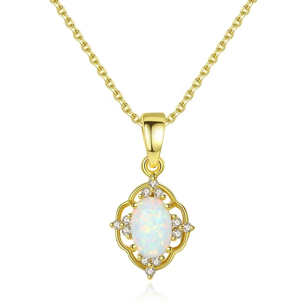 CZCITY 925 Sterling Silver Stylish Necklace Gold Plated Fashion Girls Fire Opal Pendant Necklaces Jewelry