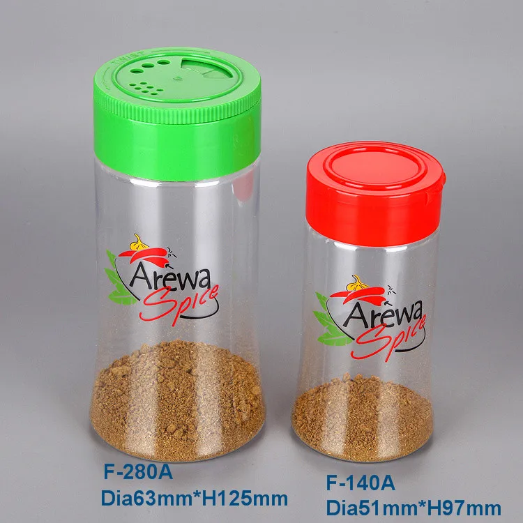 Clear empty spice bottles, plastic PET salt shaker spice jar/