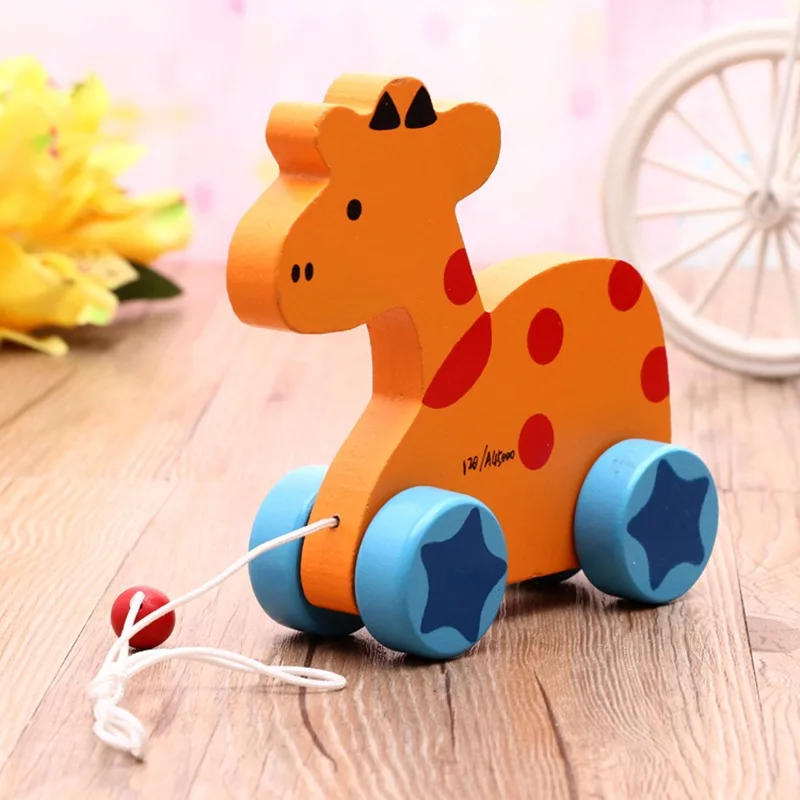 FQ brand Wooden toys Rabbit Knock the Drum Drag Car Creative Educational Push and Pull Toy for Baby Toddlers