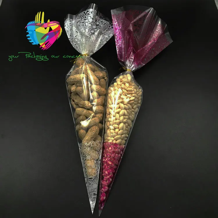 Alibaba good selling custom made colorful plastic Cone Sweet Bags
