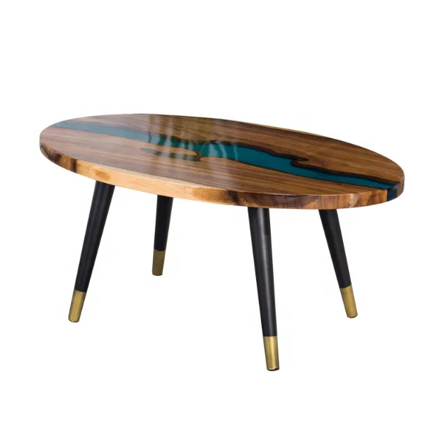 Home Furniture Beautiful clear blue river center solid wood epoxy resin table coffee table for living room