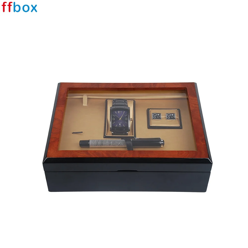 Luxury New Design Glossy Lacquer Glass Top Lid Wooden Cufflink Case