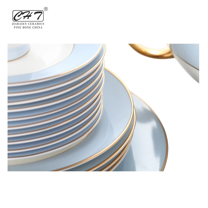 Wholesale different color sky blue complete western luxury dinnerware sets fine bone china dinner set for restaurant hotel used