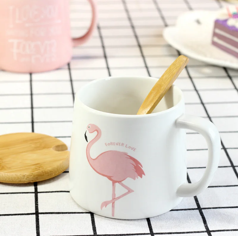 Flamingo Milk Mug with Lid Spoon Cute Ceramic Creative Coffee Mugs Porcelain Tea Cup Home Office Drinkware Gifts