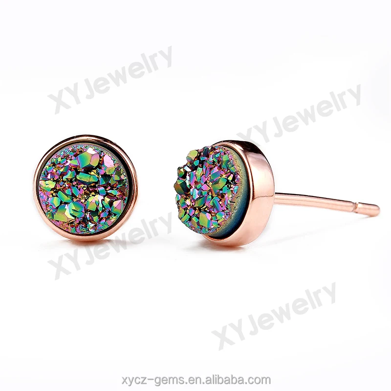 rose  gold plated natural rainbow green earring natural drusy agate stud earrings for girls