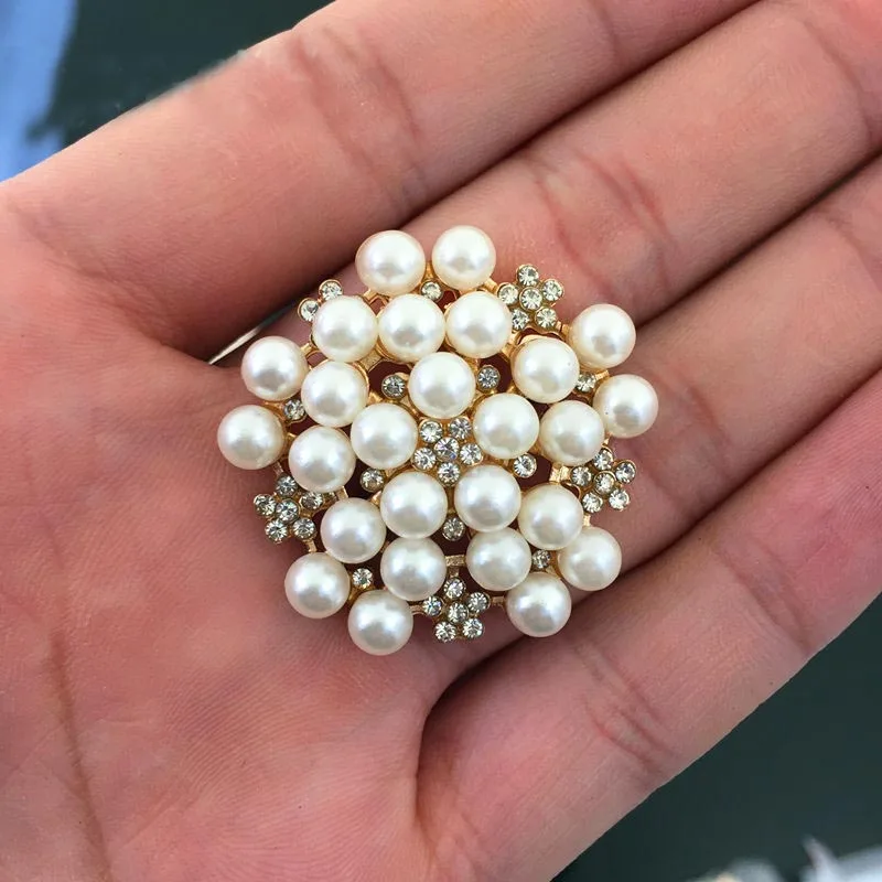Wholesale 33mm Flatback Rhinestone Button With Pearl For Hair Flower Wedding Embellishment Pearl Button JM019