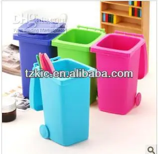 Plastic Mini Trash Can Style Desktop bin Storage Case w/ Cover for Small Gadgets - Green