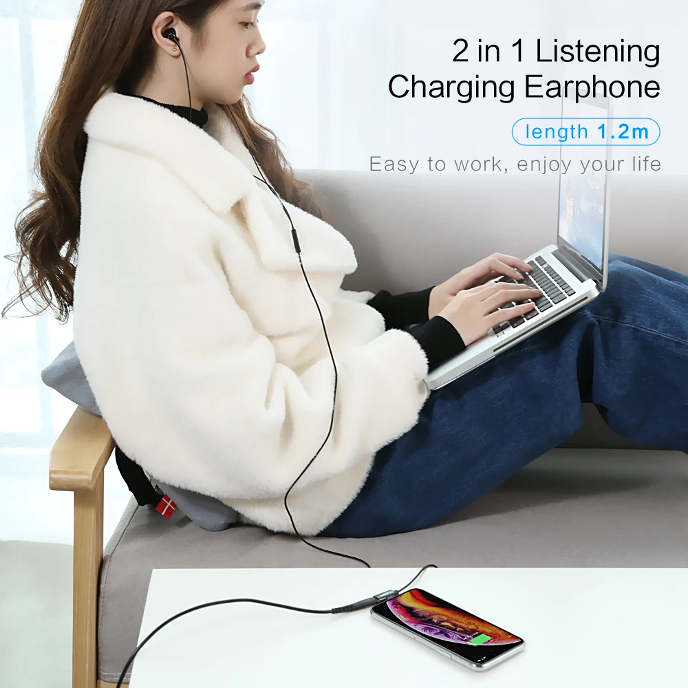 Dropshipping 2 in 1 Charging Listening Music Earphone FLOVEME Wired Earphone for iPhone