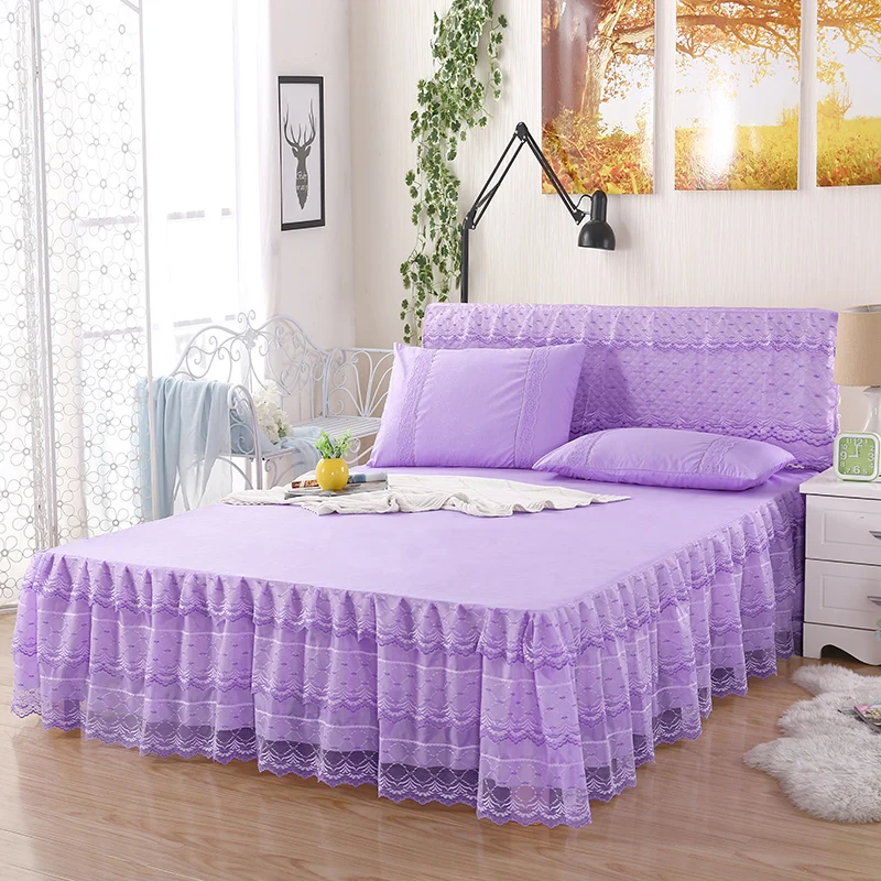 Embroidery quilted patchwork vay ng faldas de cama ensemble de jupe de lit