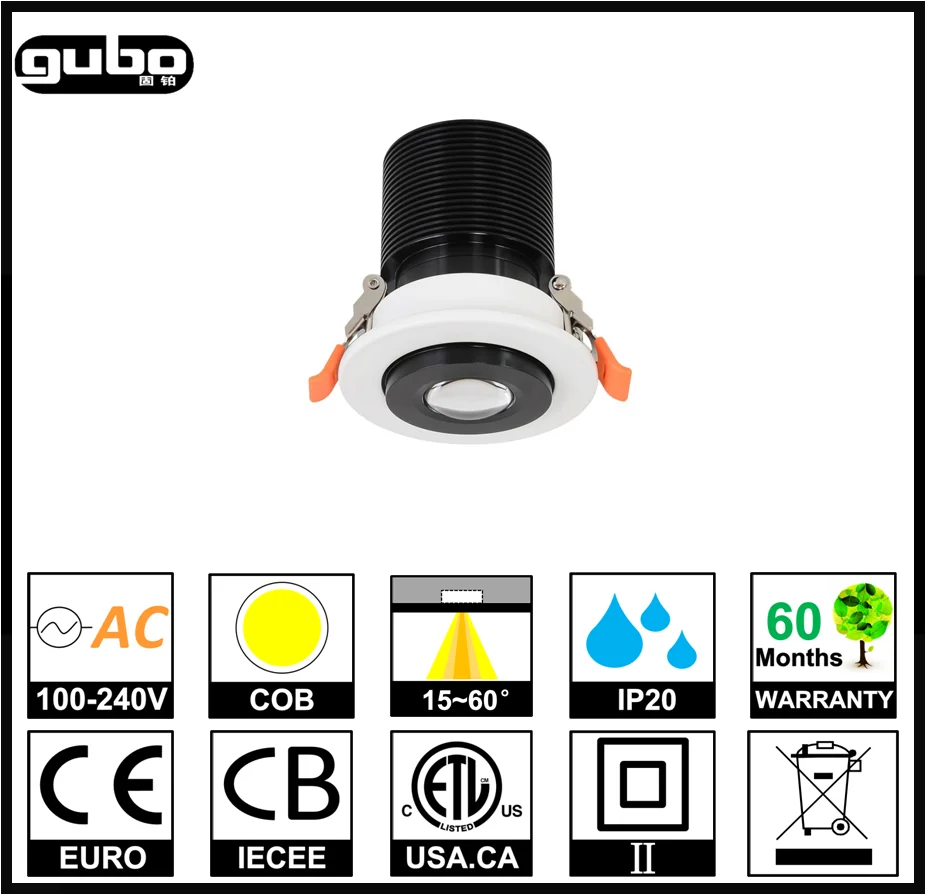 
GUBO RECESSED TELESCOPE ADJUSTABLE LED SPOTLIGHT 3W 5W 7W 9W 10W 12W 15W5years Warranty 