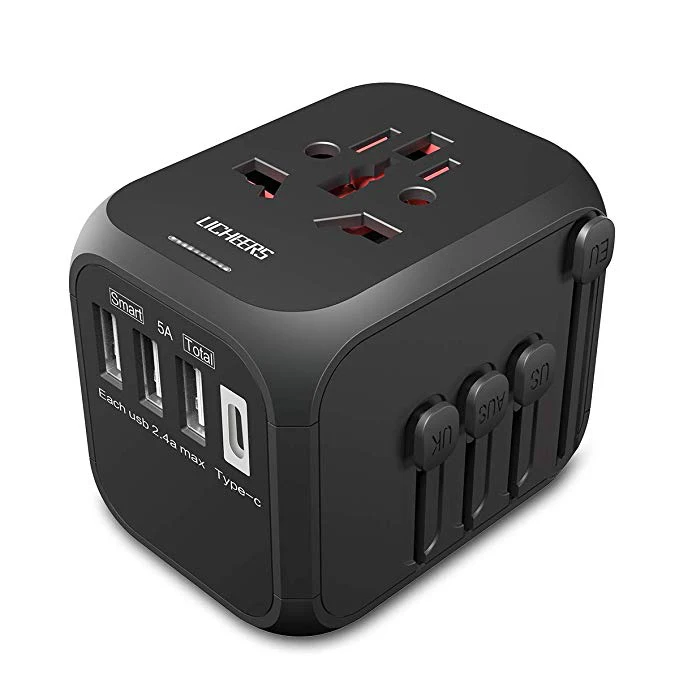 
Licheers Universal Travel Adapter USB Type-c Wall Charger Us Eu Uk Australia with Dual Fuse 5A Smart Power USB and 3.0A Black 