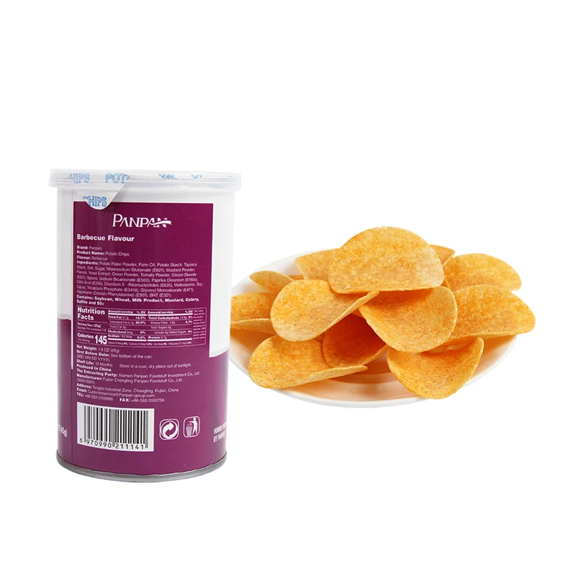 Vegetable chips manufacturer production fried canned halal snack potato chips 45g BBQ flavor yummy foods