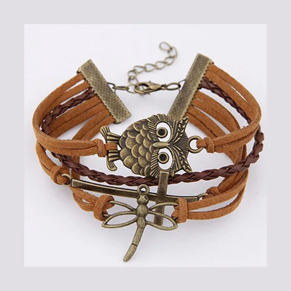 Hot Friendship Hand Multilayer Braided Bracelet, Customized Words,Owl, Dragonfly Heart Cross Bracelet