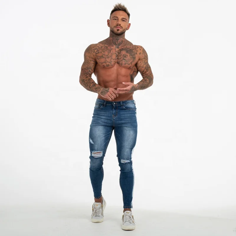 Gingtto New Arrival  Blue Ripped Damaged Mens Trousers Slim Fit Skinny Dropship Distressed Skinny Jeans Men