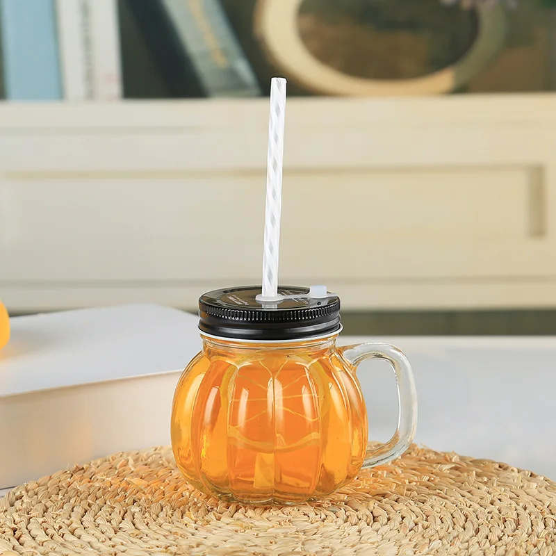 Unique Pumpkin Mason Container with Handle 12oz 350ml Glass Mason Jar for Cold Tea with Lids and Straw