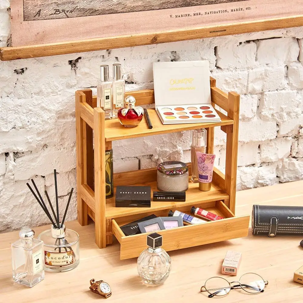 bamboo wooden two tier dressing table storage rack, table cosmetic organizer