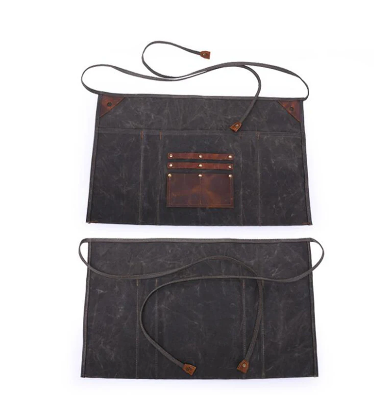 Dreamtop DTB348 waterproof waxed canvas leather apron for men wholesale half gardening apron with pockets