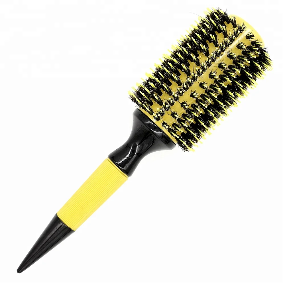 Shining Yellow Ceramic Coating Barrel Round Brush Boar Bristle Curling Hair Brush