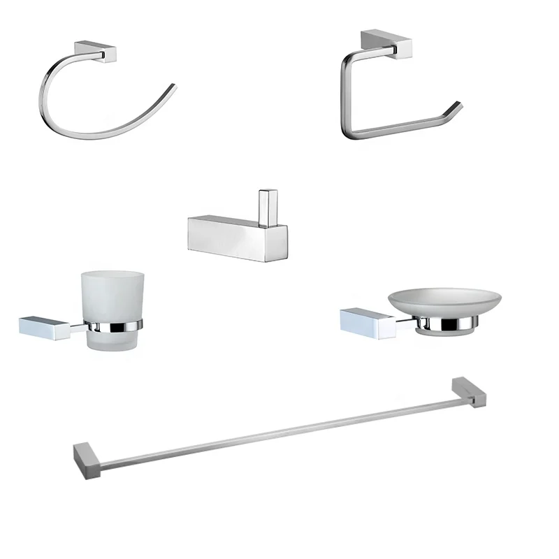Simple Design Zinc Alloy Chrome 6pcs Square Bathroom Accessories Set Sanitary Ware for Luxurious Hotel