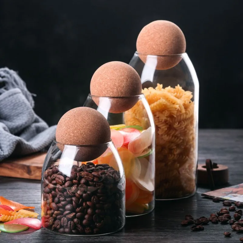 Kitchen Food Container Glass Storage Bottles & Jars with Round Ball Cork Lid