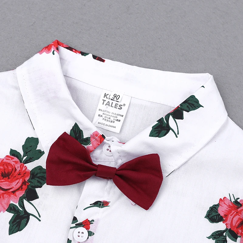 
Floral Shirts with bow + Red Pants + belt Handsome kids clothing 3 pcs summer boys clothing set wholesale 