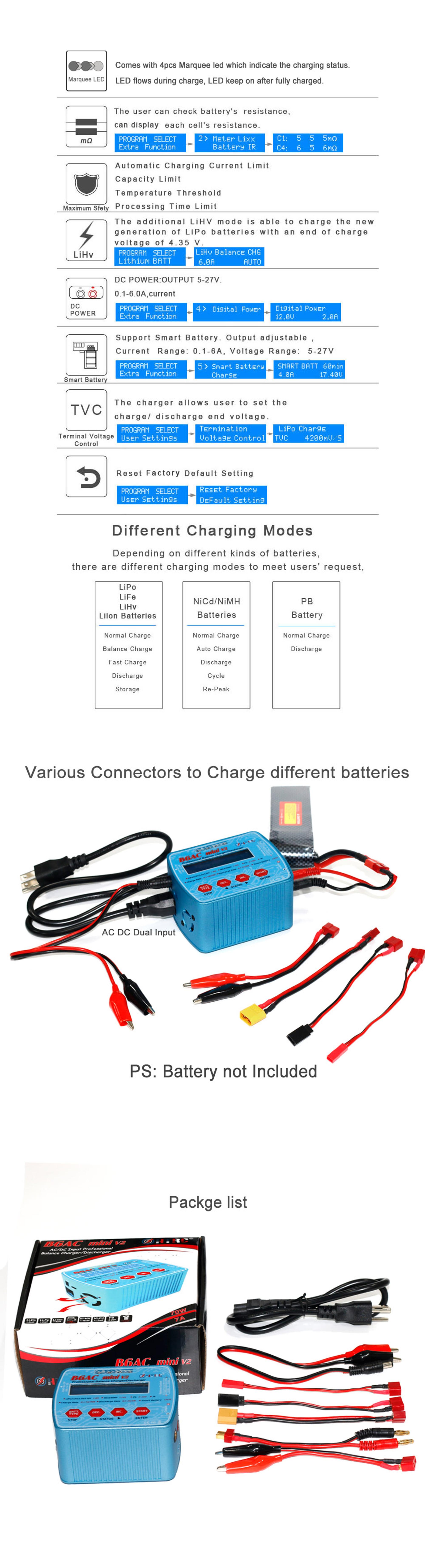 Цифровое карманное зарядное устройство HTRC B6AC Mini V2 70 Вт 7A балансирующее Lipo Lihv LiIon LiFe NiCd NiMH