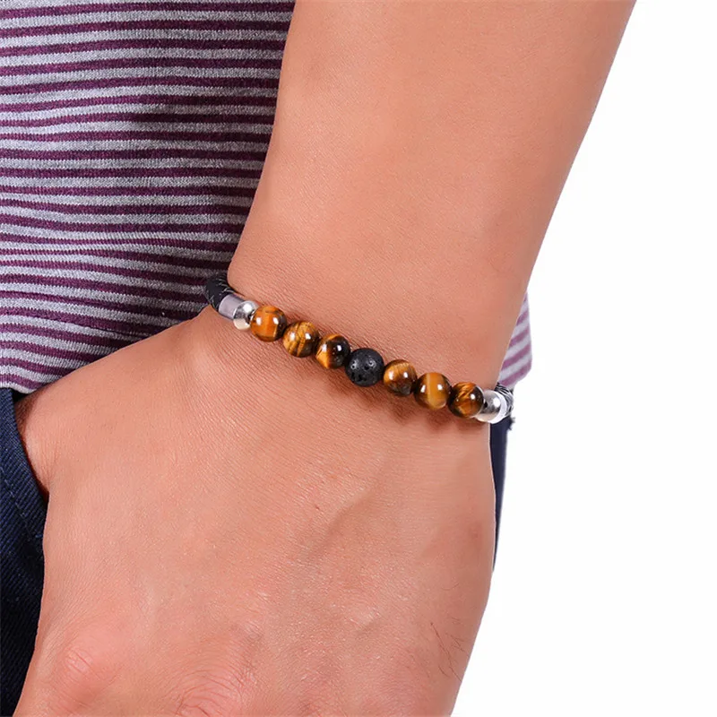 Wholesale Cheap Tiger Eye Stone Beads Bracelet Brown Genuine Leather Bracelets For Men Women