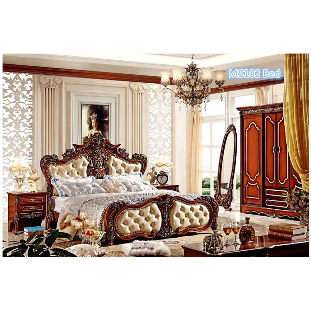 Wood frame leather beds wooden bedroom set bed