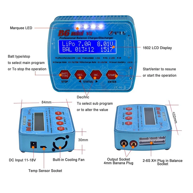 Цифровое балансирующее зарядное устройство B6 Mini V2 80 Вт 7A для Lipo Lihv LiIon LiFe NiCd NiMH аккумуляторов