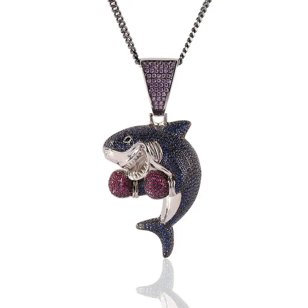 Iced Out CZ cz pendant necklace Boxing shark Pendants Copper Material Hip Hop Chain Necklace with stainless Steel Rope