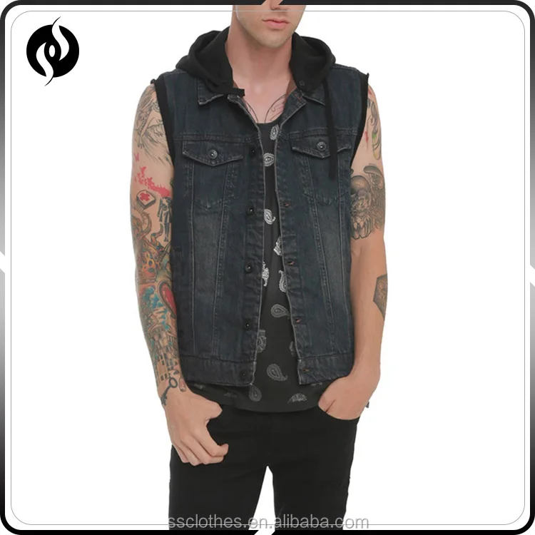 Wholesale New style customize black 100% cotton hooded denim vest for man
