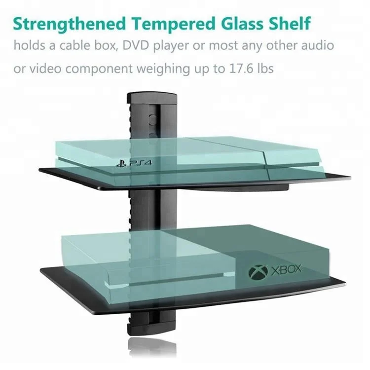 Black 2 Floating Shelf with Strengthened Tempered Glass for DVD Players/Cable Boxes/Games Consoles/TV Accessories