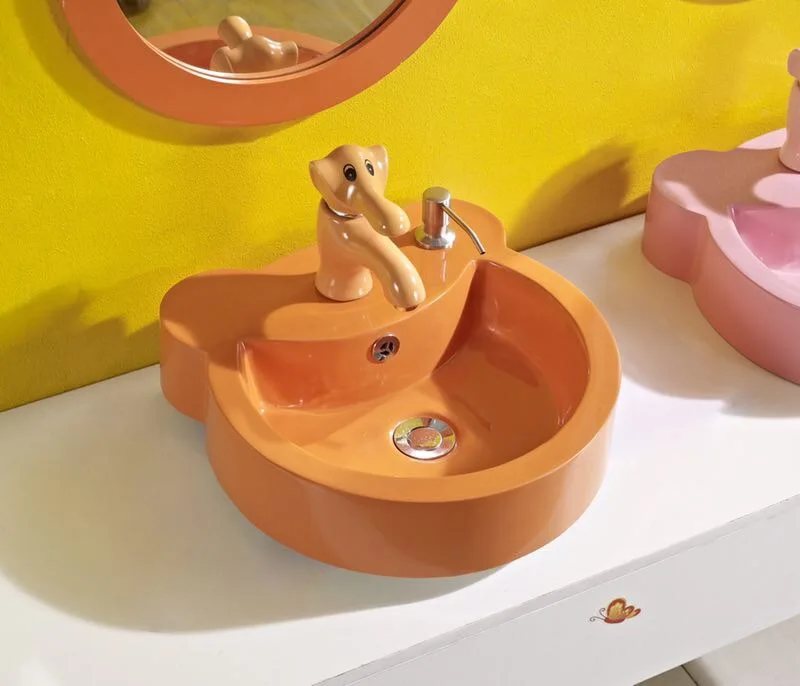 specially designed bright color child size bathroom artificial stone basin with mirror