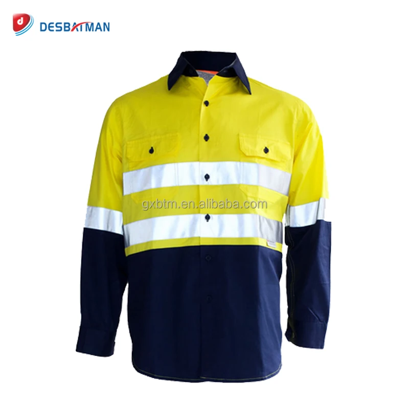 Hi vis safety clothing cotton drill reflective shirts with pockets and reflective fabric