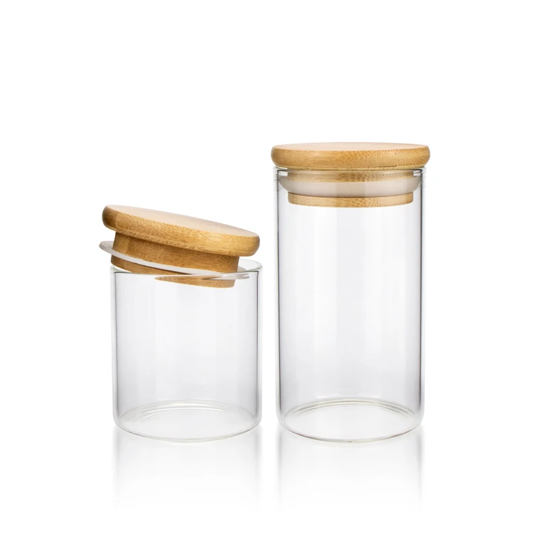 4 oz 6 oz 8 oz Clear High Cylinder Airtight Candy Food Storage Borosilicate Glass Candle Jars With wooden Top Lid